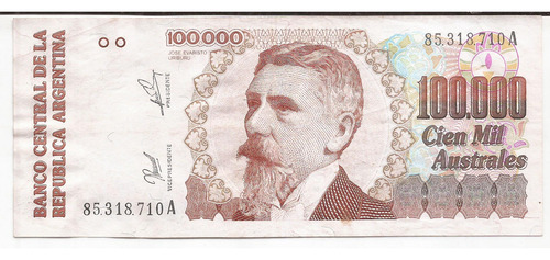 Billete Argentina 100.000 Australes Bottero 2891 Mb++ (Usado)