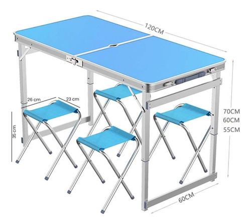 Mesa Plegable 120x60cm Altura Ajustable + 4 Sillas Plegables