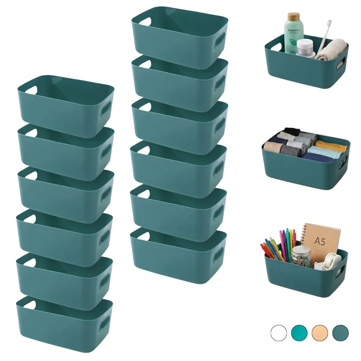 12 Caja Canastas Plásticas Organizadoras Mediana 24.5x18x10cm, Cestos Multiusos Para Almacenamiento De Ropa Juguetes Y Oficina Verde