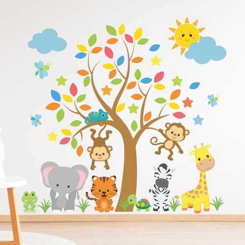 Vinilo Decorativo Infantil Arboles Animales Ai53d 180x180 Cm