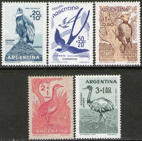 Imagen 1 de 1 de Argentina 5 Sellos Mint Con Aéreos Y Sobretasa Aves 1960 
