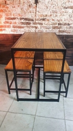 Imagen 4 de 5 de Mesa Cervecera 120x60x75cm Hierro Y Madera + 4 Bancos 40x40
