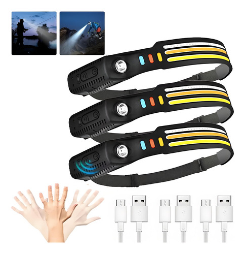 3pcs Lámpara De Cabeza Cob Led Recargable Con Sensor