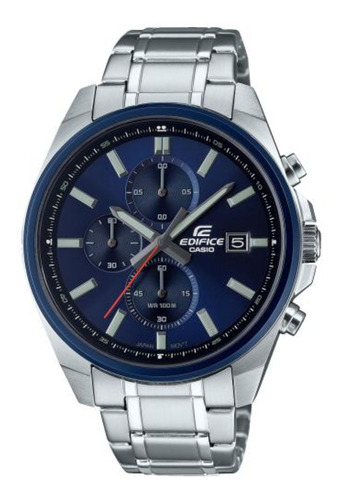 Reloj pulsera Casio EFV-610 con correa de acero inoxidable color plateado - fondo azul