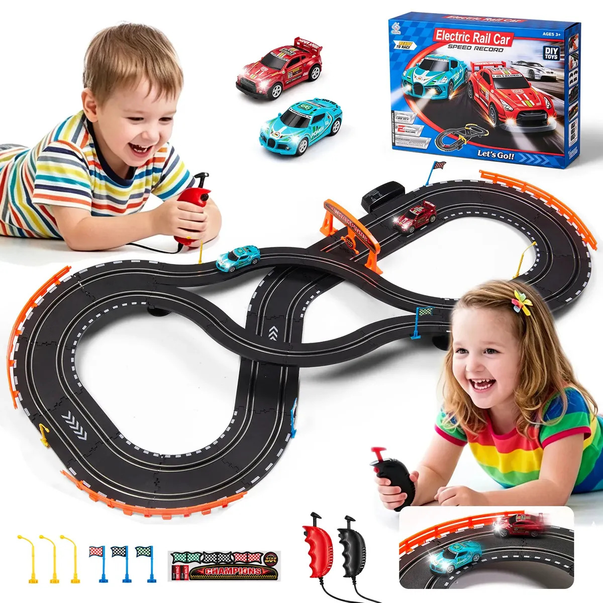 MoveBrinca Autorama Infantil Elétrico Pista De Corrida 3,2 Metros Com 2 Carrinhos Controle Duplo Luz LED Circuito De Corrida Montável Com Adaptador De Energia Brinquedo De Corrida
