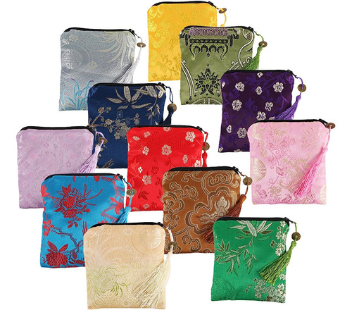 12pc Silk Brocade Tasseled Coin Purse Zipper Jewelry Pouch