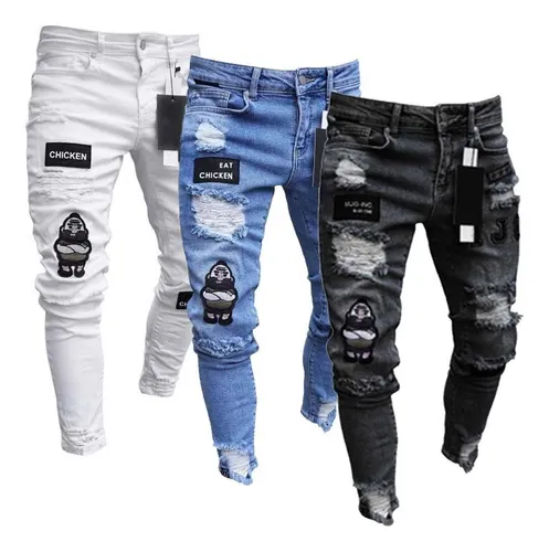 Jeans Bordados Hombre Pantys Elásticos Rotos