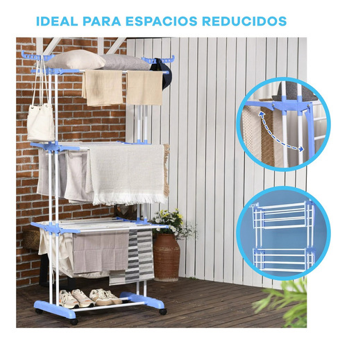 Tender Vertical Para Ropa Con Ruedas Plegable 3 Niveles 40kg Azul Acero