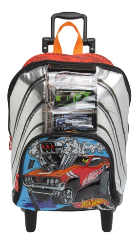 Mochila Escolar Hot Wheels Prata Porta Carrinhos M Rodinha