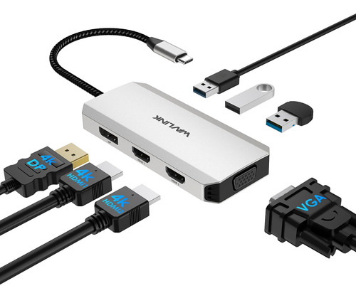 Hub Usb C 7-en-1 Wavlink Adaptador Dual Hdmi Dp Vga 4k Dock