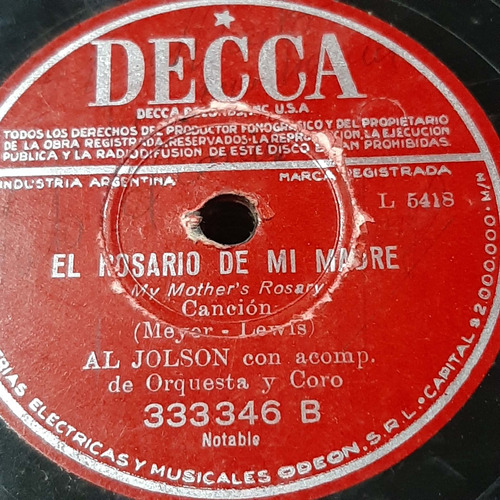 Pasta Al Jolson Acomp Orquesta Coro Decca C461