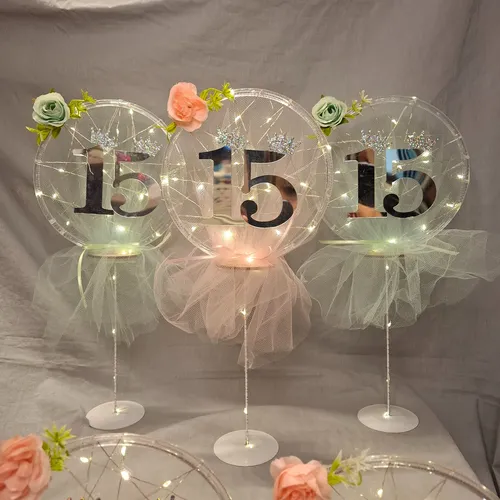 Centro De Mesa De Tul Con Numero Y Luces Led X15
