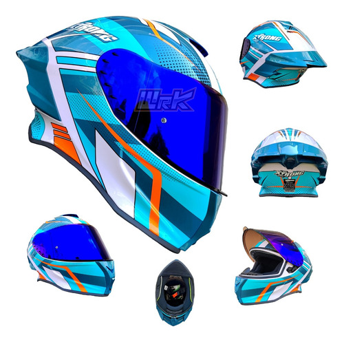 Casco Para Moto Azul Turquesa Blanco Xtrong Certificado Ece