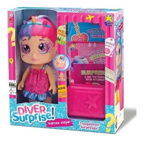 Muñeca Diver Surprise Let's Travel azul y rosa + accesorios