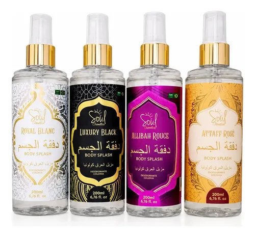 Kit Com 4 Body Splash Arabe Deocolonia Perfume Desodorante Corporal Soul Allibah Rouge Luxury Black Attaff Rose Royal Blanc 200ml