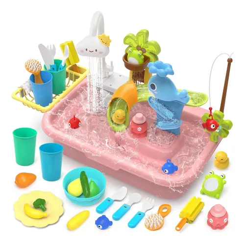CUTE STONE Fregadero De Juego 4 En 1 Con Agua Corriente – Cocina, Pesca Magnética Y Tobogán Acuático Para Niños