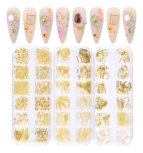 Gold Nail Art Studs Decal Nail Charms, 3d Metal Mix Pun...