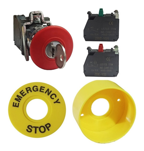 Boton Paro Emergencia C/ Llave Na Nc Protector Y Anillo 22mm