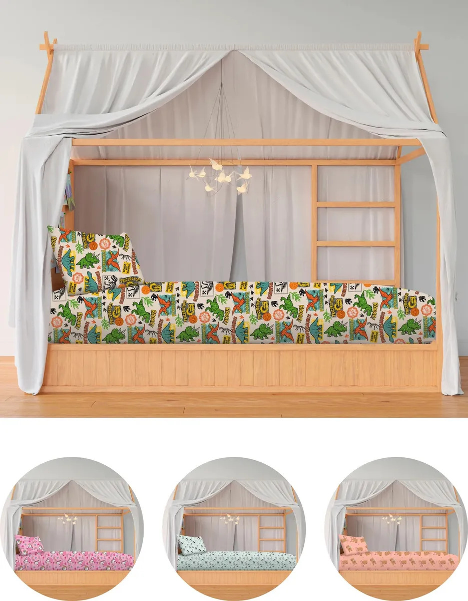 Jogo Lençol Mini Cama Montessoriana Infantil 2 Peças Elástico Malha Dino Dinossauro Jurassic Menino Roupa de Cama Berço Criança Estampado - 70% Algodão 30% Poliéster - 70x150x15cm - Renova Enxovais