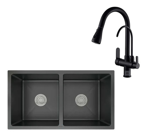 Pileta Doble De Acero Inox Negro + Canilla Para Cocina 