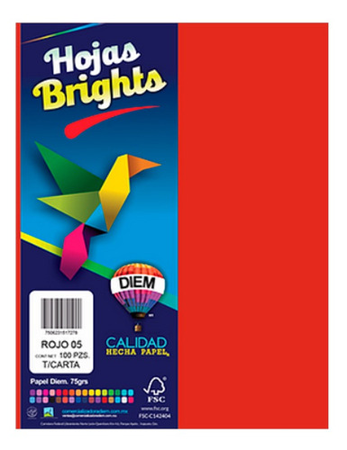 Hoja De Papel Diem 100 Pz Rojo Electrico 04 Tamaño Carta 75g