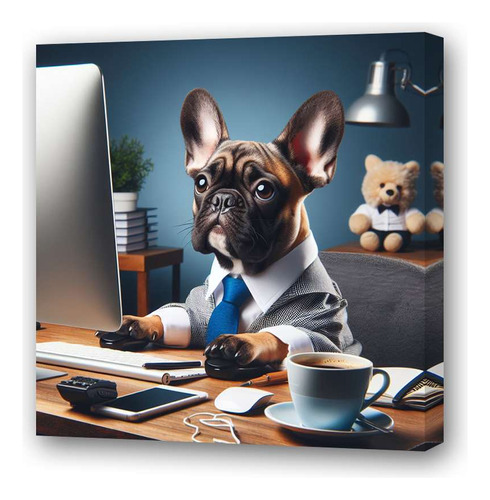 Cuadro 20x20cm Bulldog Trabajo Office Cafe Computadora