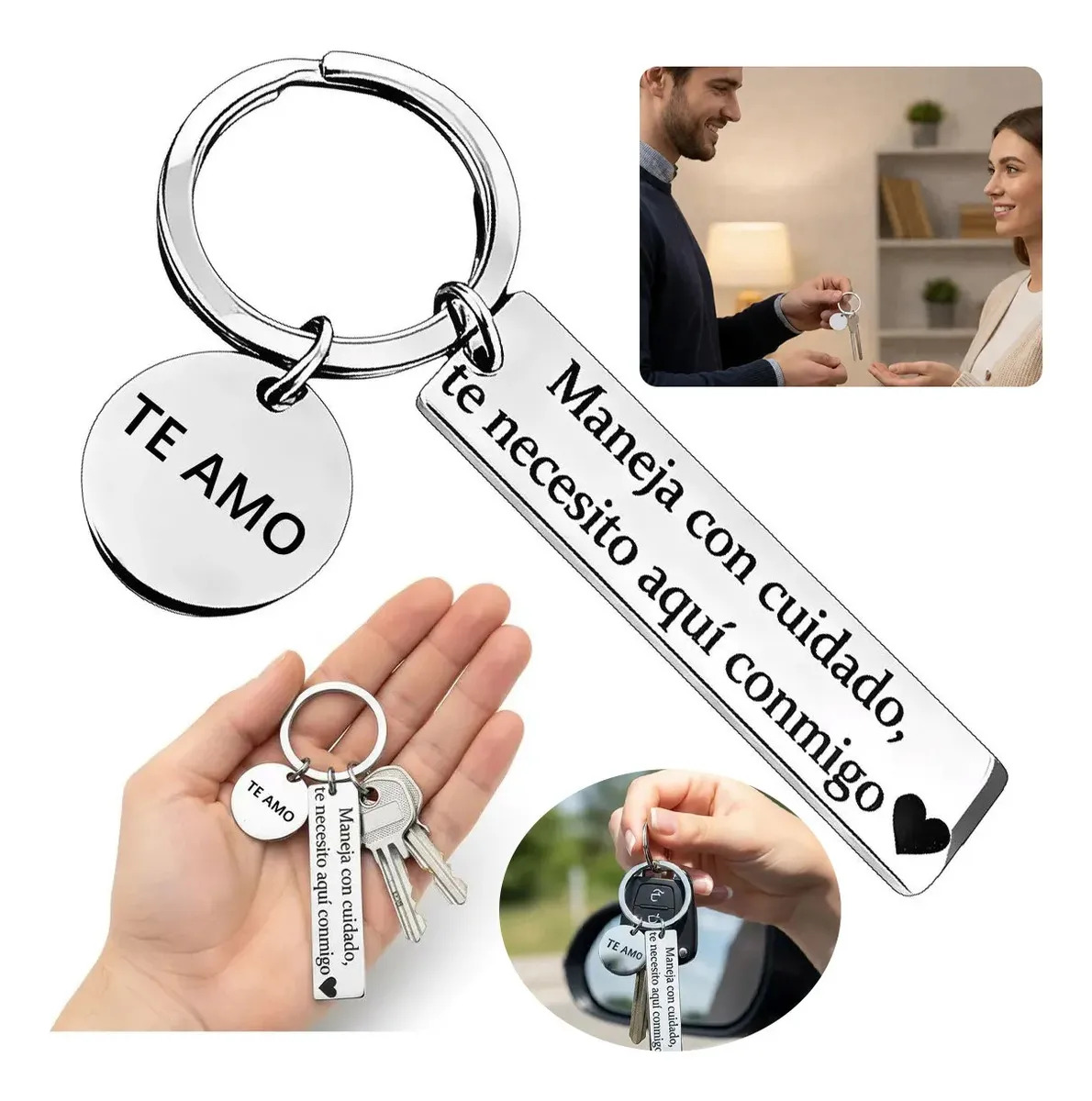 Llavero de Acero Inoxidable con Grabado Maneja con Cuidado Te Amo, Regalo Romantico para Pareja Conductor, Llavero de Auto con Mensaje de Amor y Corazon, Detalles para El Ella
