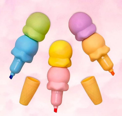 Set De 6 Plumones Con Forma De Helado, 6 Marcatextos Kawaii
