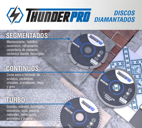 Disco Diamantado Turbo 115mm Thunder - Corta Marmol / Hormigon / Granito - Pack X5 Unidades