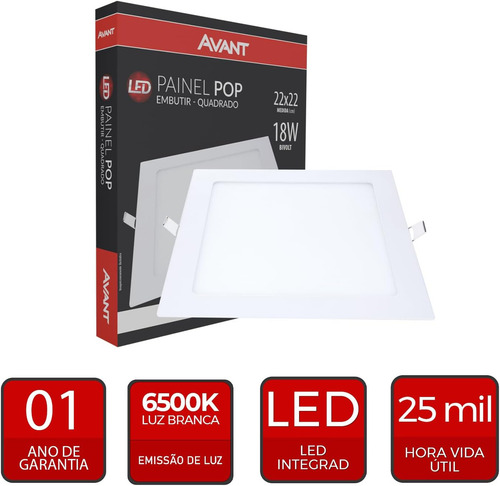 Luminária Plafón Led de Teto Avant Quadrado de Sobrepor 18W na Cor Branco 100V/240V Bivolt