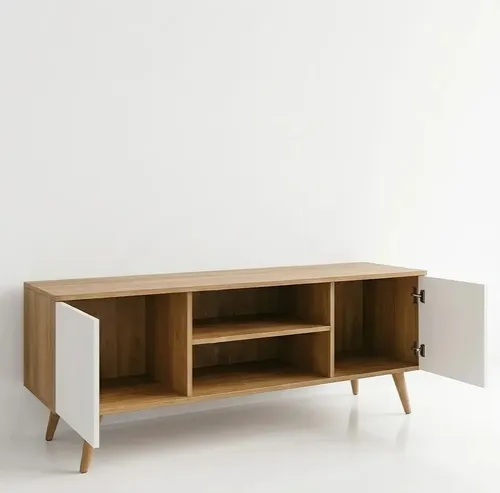 Rack Buffet Venus Acacia Para Tv Até 55 Polegadas 120cm 2 Portas Aparador Retrô Para Sala Rack Bancada Organizador Com Nichos Móvel Moderno Branco E Madeira