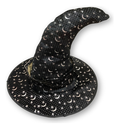 Chapéu De Bruxa Preto Com Estrelas E Lua Prata Veludo