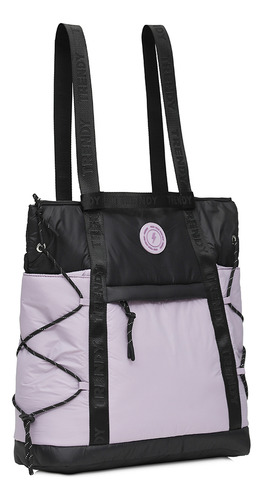 Mochila Bolso Trendy Urbana Viaje Bolsillos Laterales Tiras Color Lila-negro Diseño De La Tela Liso