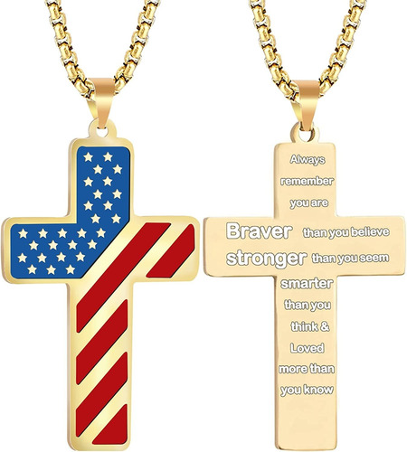 Ironkoi Men's American Flag Cross Necklace, Black Silver And
