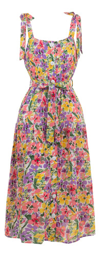 Vestido Largo Floral Botones Fresco Ligero Tirantes Lazo