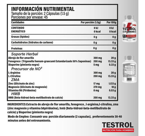 Imagen 2 de 5 de Testrol Platinum 4 En 1 Potenciador Natural Masculino 90caps