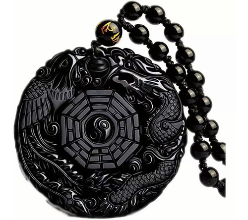 Collar Cadena Obsidiana Dragón Fénix Yin Yang Joyería Pareja
