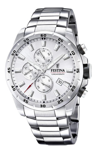 Reloj de pulsera Festina Chrono Sport F20463 de cuerpo color plateado, analógico, para hombre, fondo blanco, con correa de acero inoxidable color plateado, agujas color plateado, blanco y rojo, dial plateado y blanco, subesferas color plateado, minutero/segundero negro, bisel color plateado y desplegable