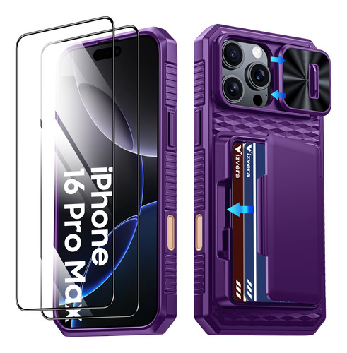 Funda Para iPhone 16 Pro Max Con Tarjetero (4-5 Tarjetas) Botón Control Cámara Tapa Deslizante Resistente A Los Golpes Tipo Billetera Púrpura + 2 Mic
