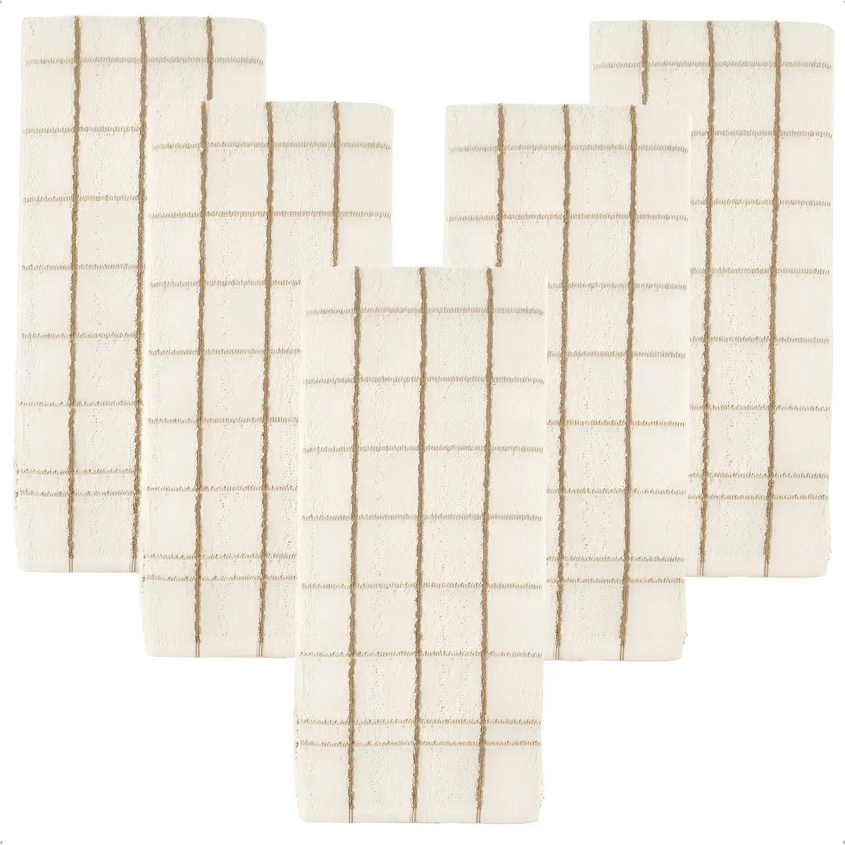 Kit 5 Panos De Prato Copa Cozinha Atoalhados Algodão Felpudo Cor Branco E Marrom Geométrico