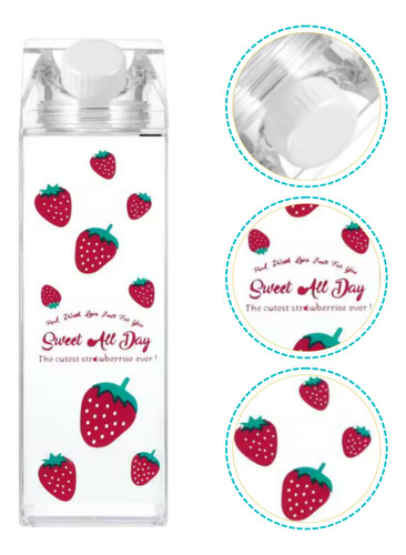 Botella Agua Transparente Tipo Caja De Leche 500ml Diseños Fresas