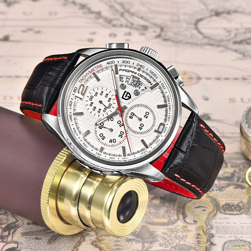 Relógio Pagani Design Branco E Vermelho Pulseira Couro Preto