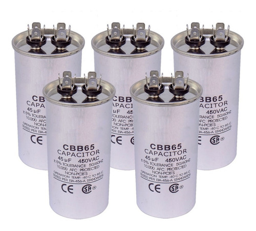 Kit Com 5 Capacitores De Partida Compressor 45uf 2 Terminais