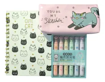 Comprar Set Libreta Gatito Gato Kawaii + 6 Destacadores + Estuche