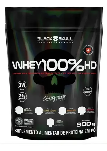 Whey 100% Hd Refil Black Skull - 900g (wpc, Wpi E Wph) Sabor Baun...