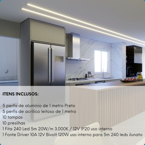 Kit 5 Perfil Led Slim Embutir Gesso Madeira Teto Aluminio Unica