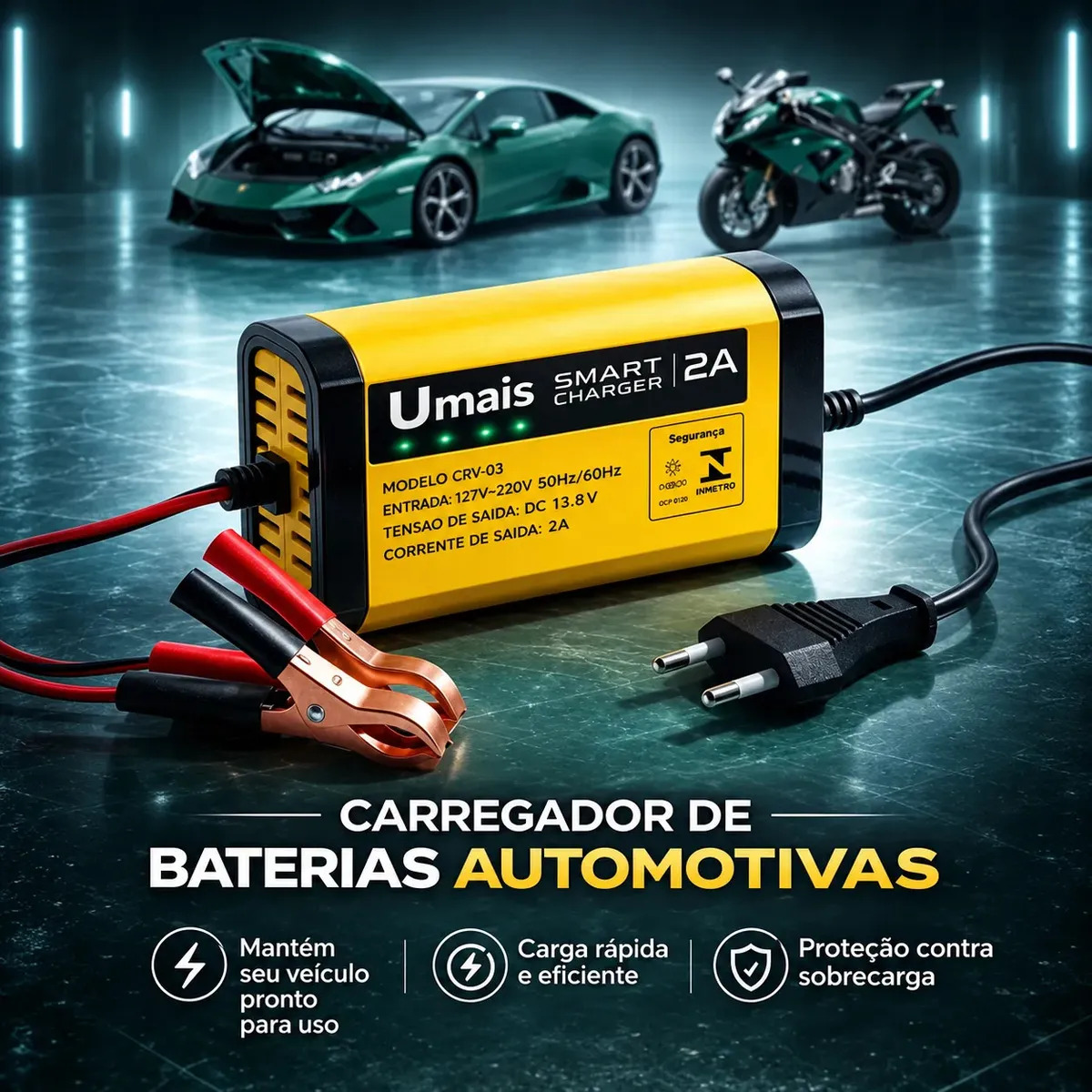 Carregador De Bateria Automotiva Inteligente 12v Portátil Bivolt 110/220v Para Carros Motos E Veículos