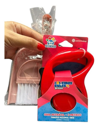 Mini Vassourinha Pá De Lixo Pet Rosa +guia Retrátil 3 Metros