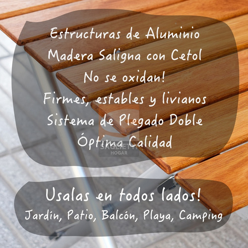Combo Mesa Plegable Aluminio Madera 75x66 + 2 Bancos Balcon
