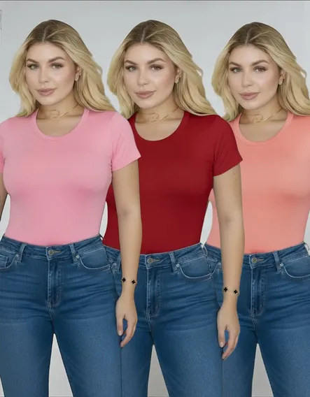Kit 3 Blusas Básicas Femininas Viscolycra Macia Gola Redonda Rosa / Vermelho / Salmão Liso Gg